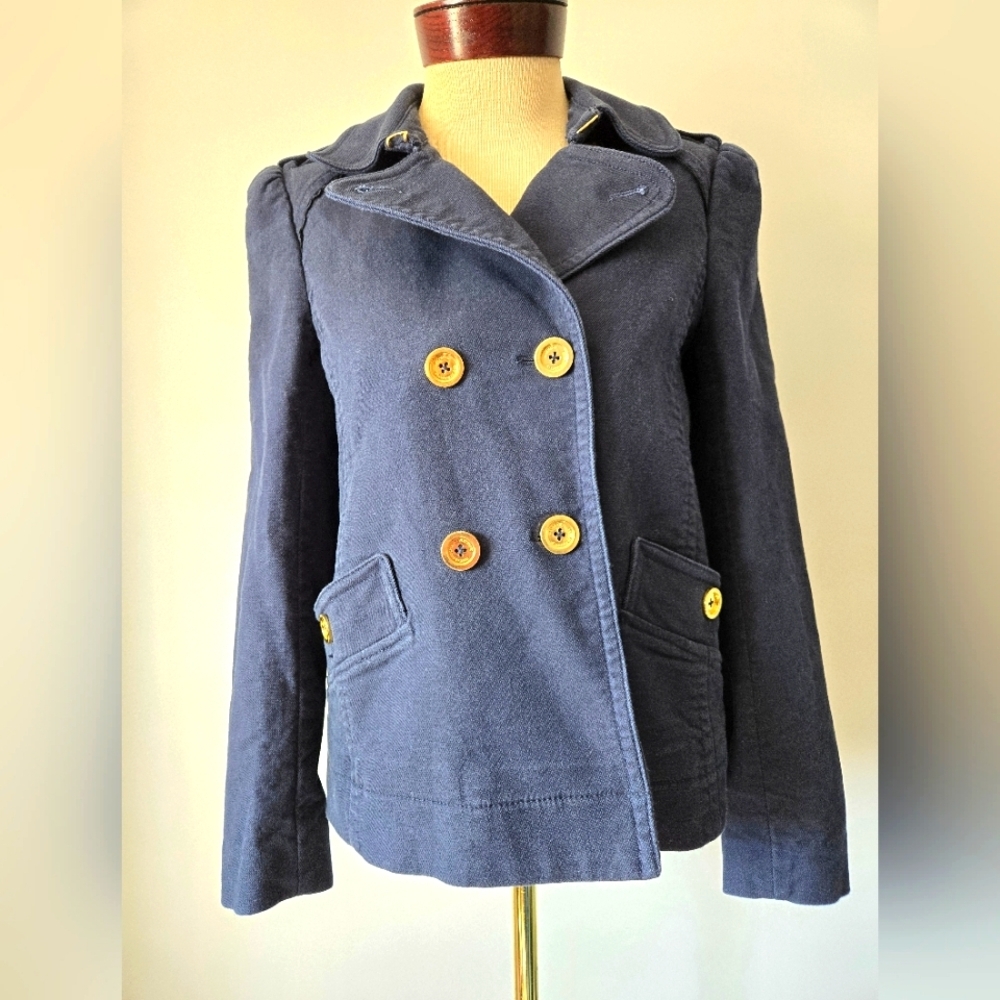 Juicy Couture Y2K Navy Peacoat, Branded Gold Buttons. Nautical Lining. Size L